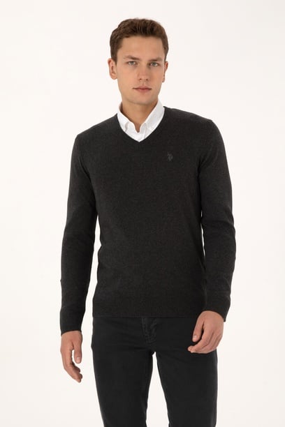 Erkek Slim Fit V Yaka Antrasit  Melanj Basic Triko Kazak