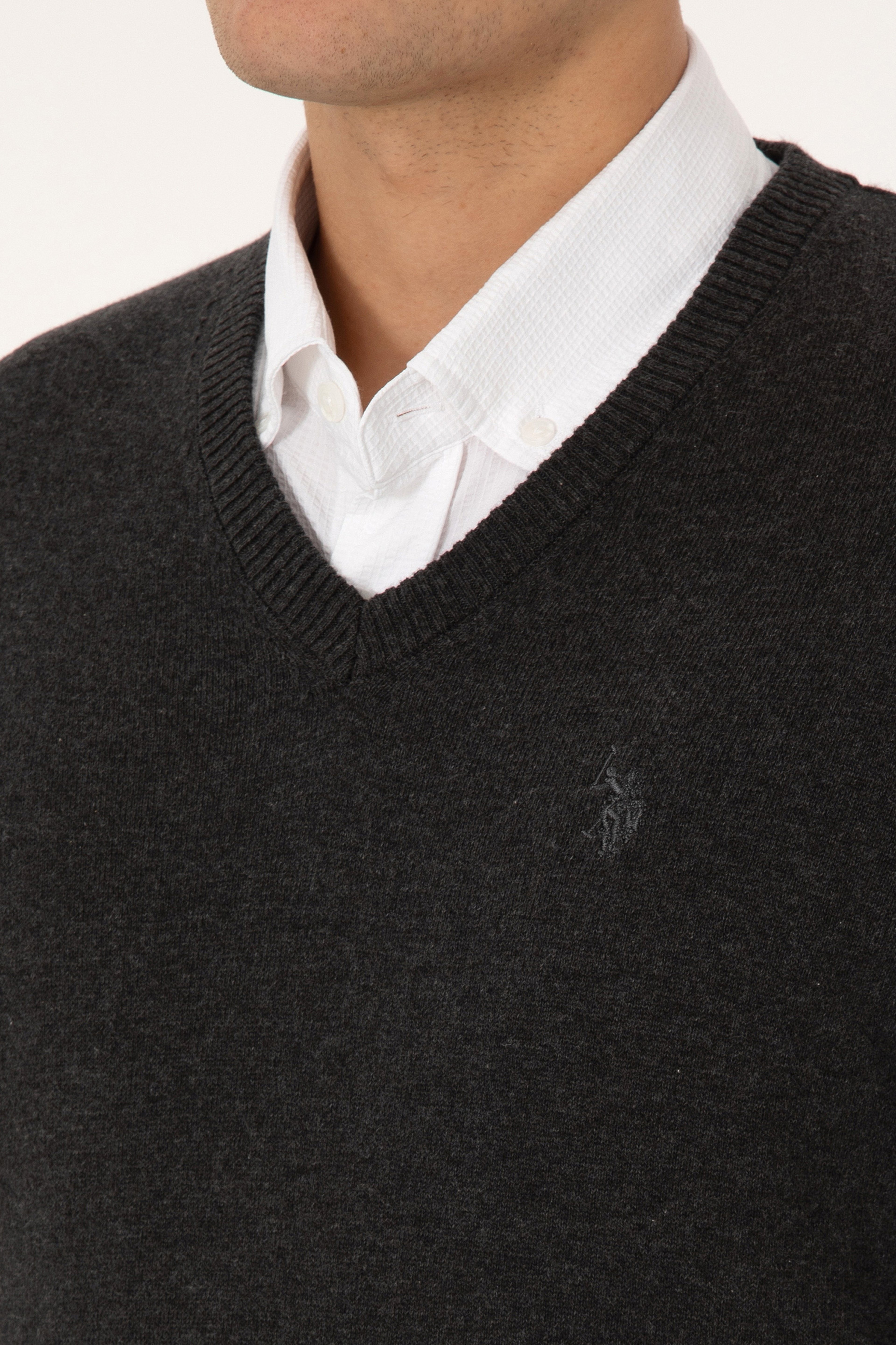 Erkek Slim Fit V Yaka Antrasit  Melanj Basic Triko Kazak - Image 7