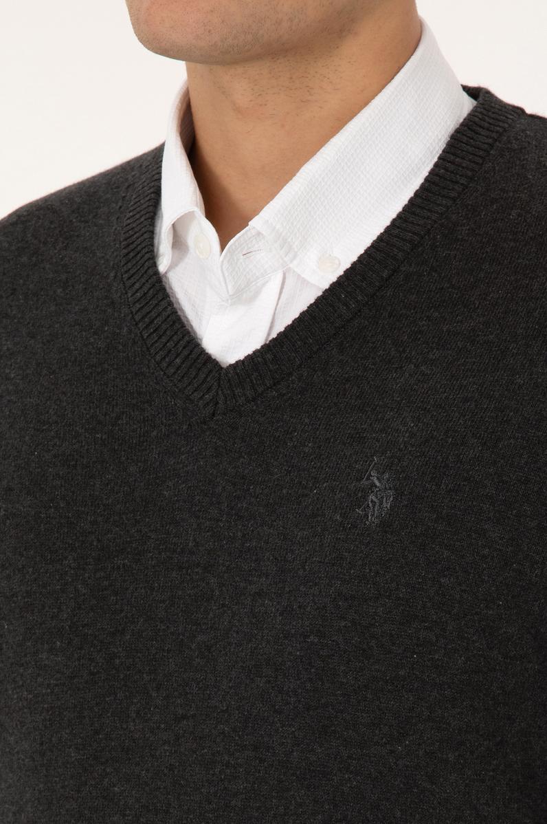 Erkek Slim Fit V Yaka Antrasit  Melanj Basic Triko Kazak