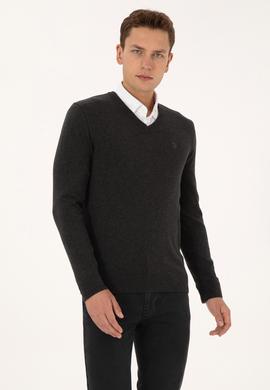 Erkek Slim Fit V Yaka Antrasit  Melanj Basic Triko Kazak - 50313662056