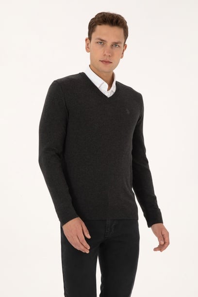 Erkek Slim Fit V Yaka Antrasit  Melanj Basic Triko Kazak