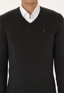 Erkek Slim Fit V Yaka Antrasit  Melanj Basic Triko Kazak - 50313662056