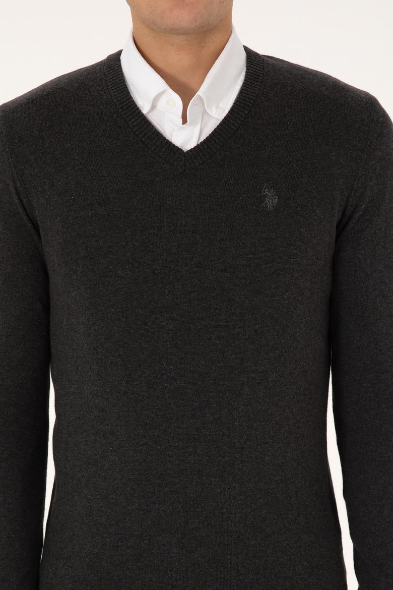 Erkek Slim Fit V Yaka Antrasit  Melanj Basic Triko Kazak - 50313662056