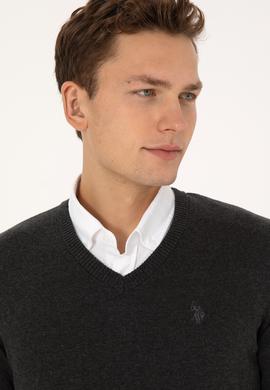 Erkek Slim Fit V Yaka Antrasit  Melanj Basic Triko Kazak - 50313662056