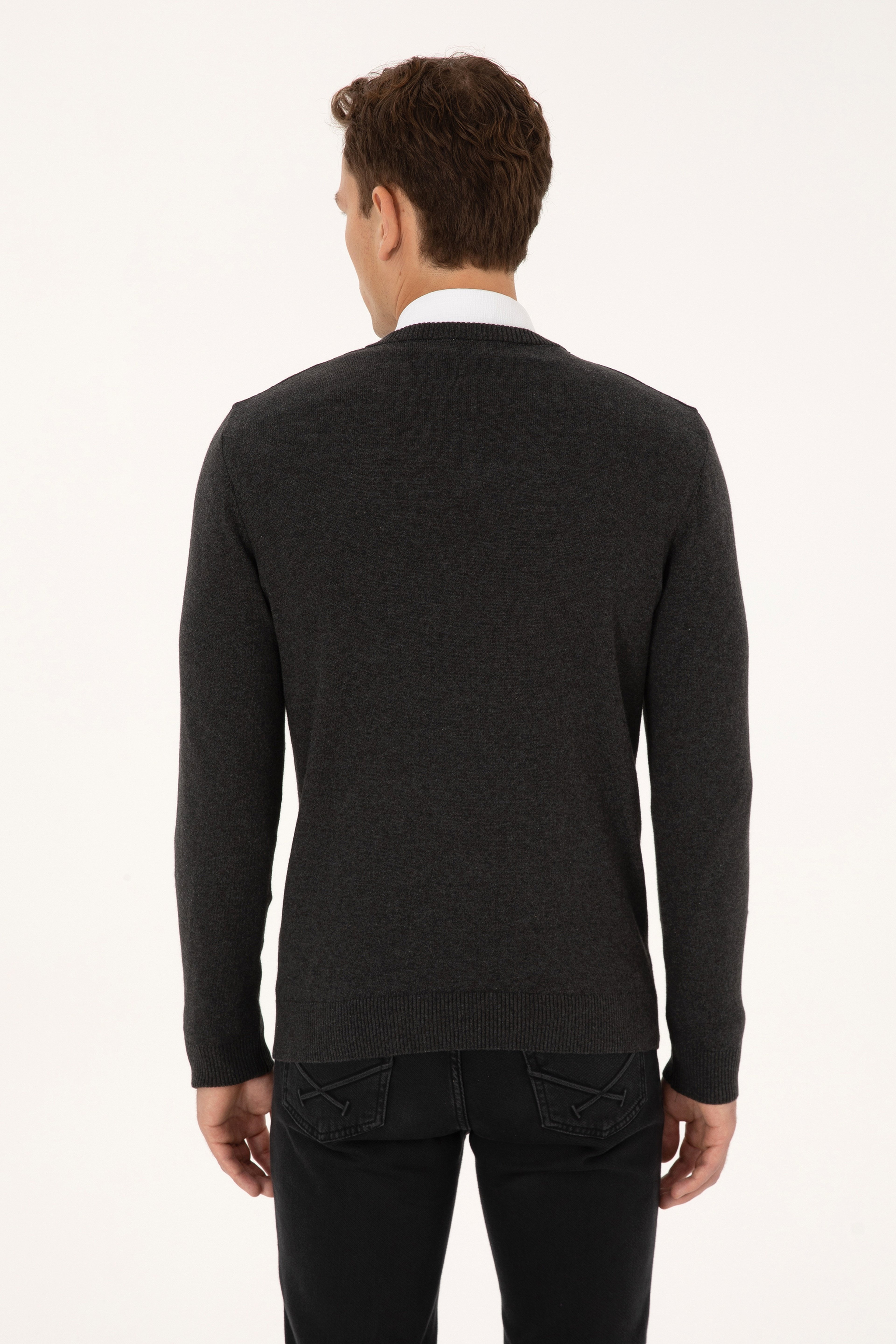 Erkek Slim Fit V Yaka Antrasit  Melanj Basic Triko Kazak