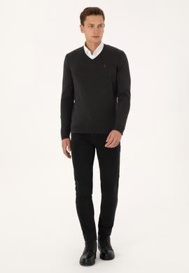 Erkek Slim Fit V Yaka Antrasit  Melanj Basic Triko Kazak - 50313662056