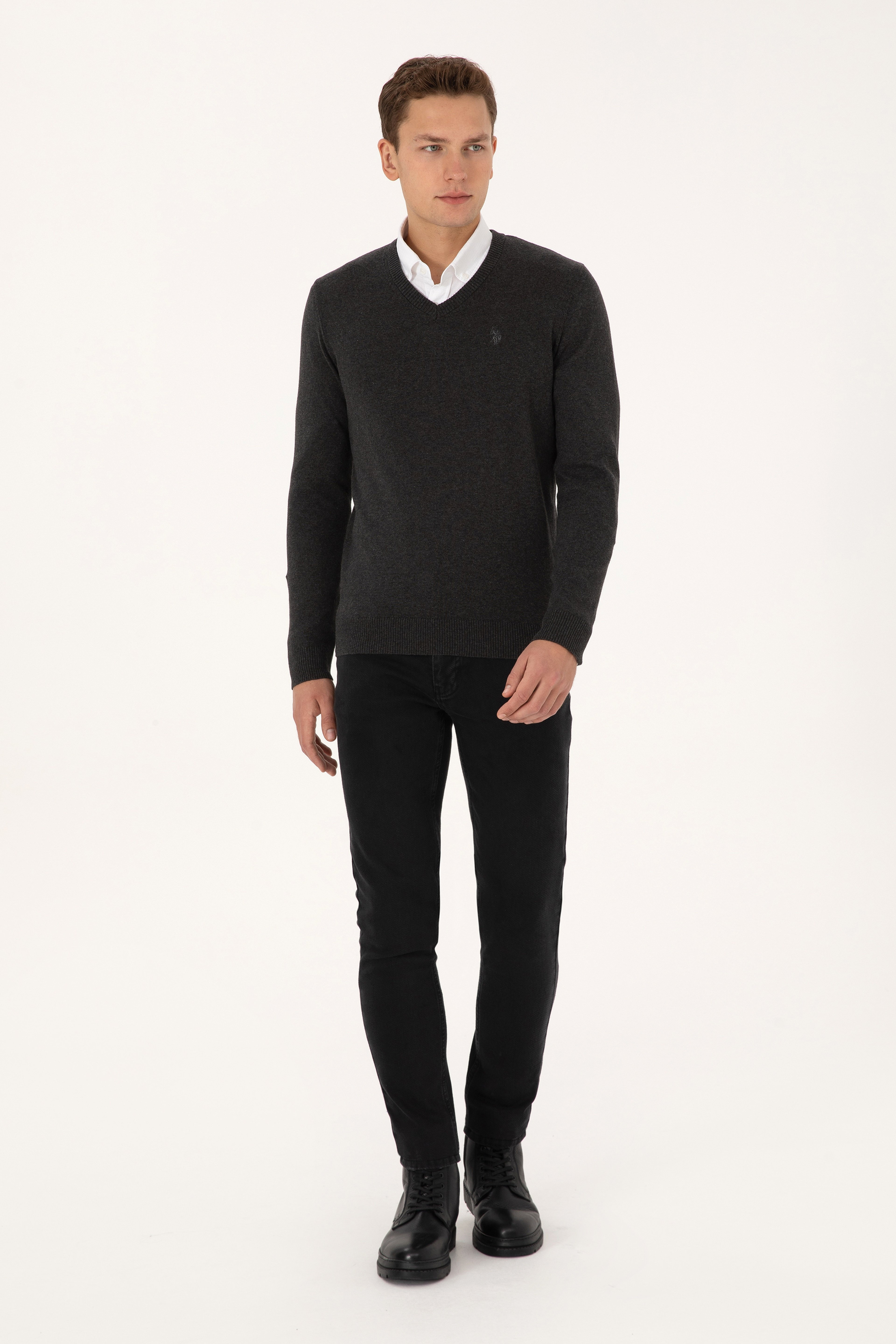 Erkek Slim Fit V Yaka Antrasit  Melanj Basic Triko Kazak