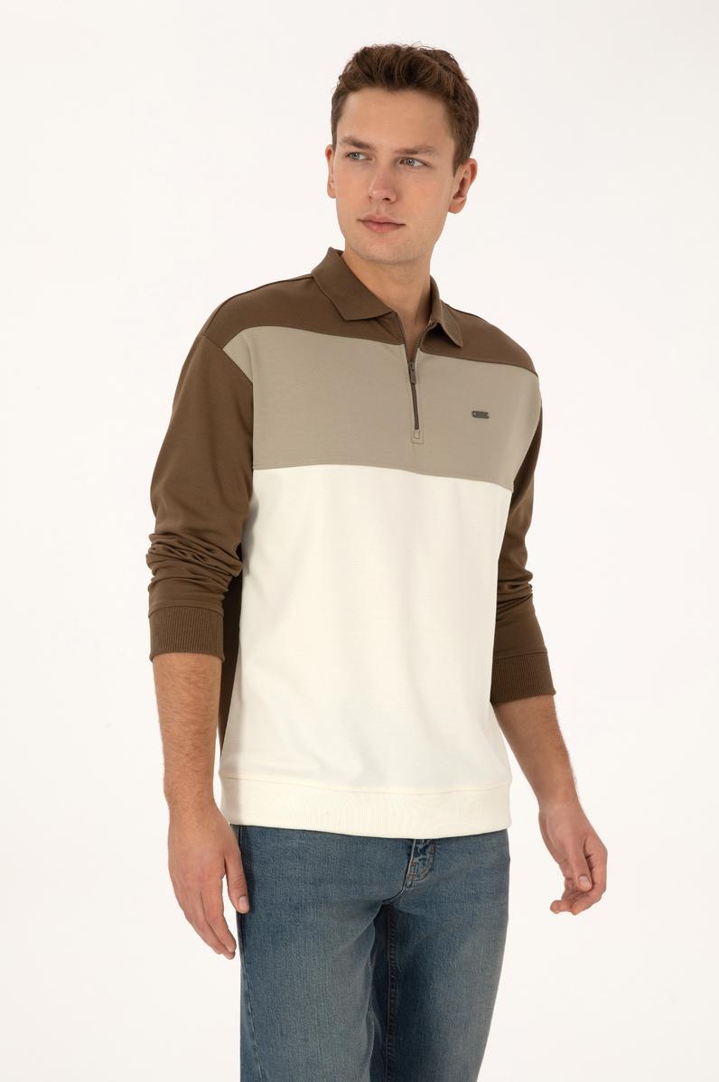 Erkek Comfort Fit Yarım Fermuarlı Haki Sweatshirt