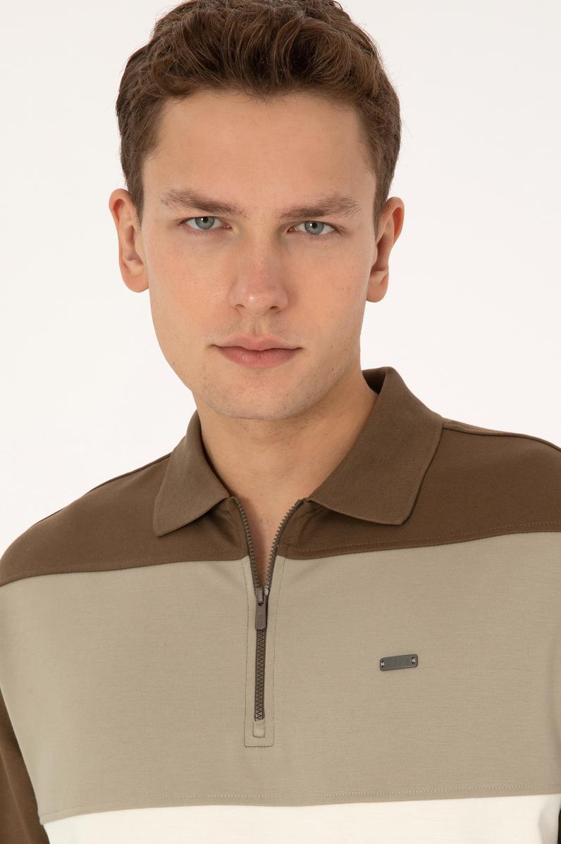 Erkek Comfort Fit Yarım Fermuarlı Haki Sweatshirt