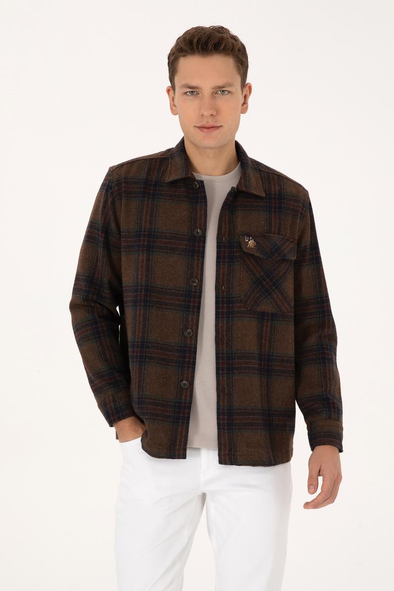 Erkek Kahverengi Uzun Kollu Cepli Ekoseli Gömlek