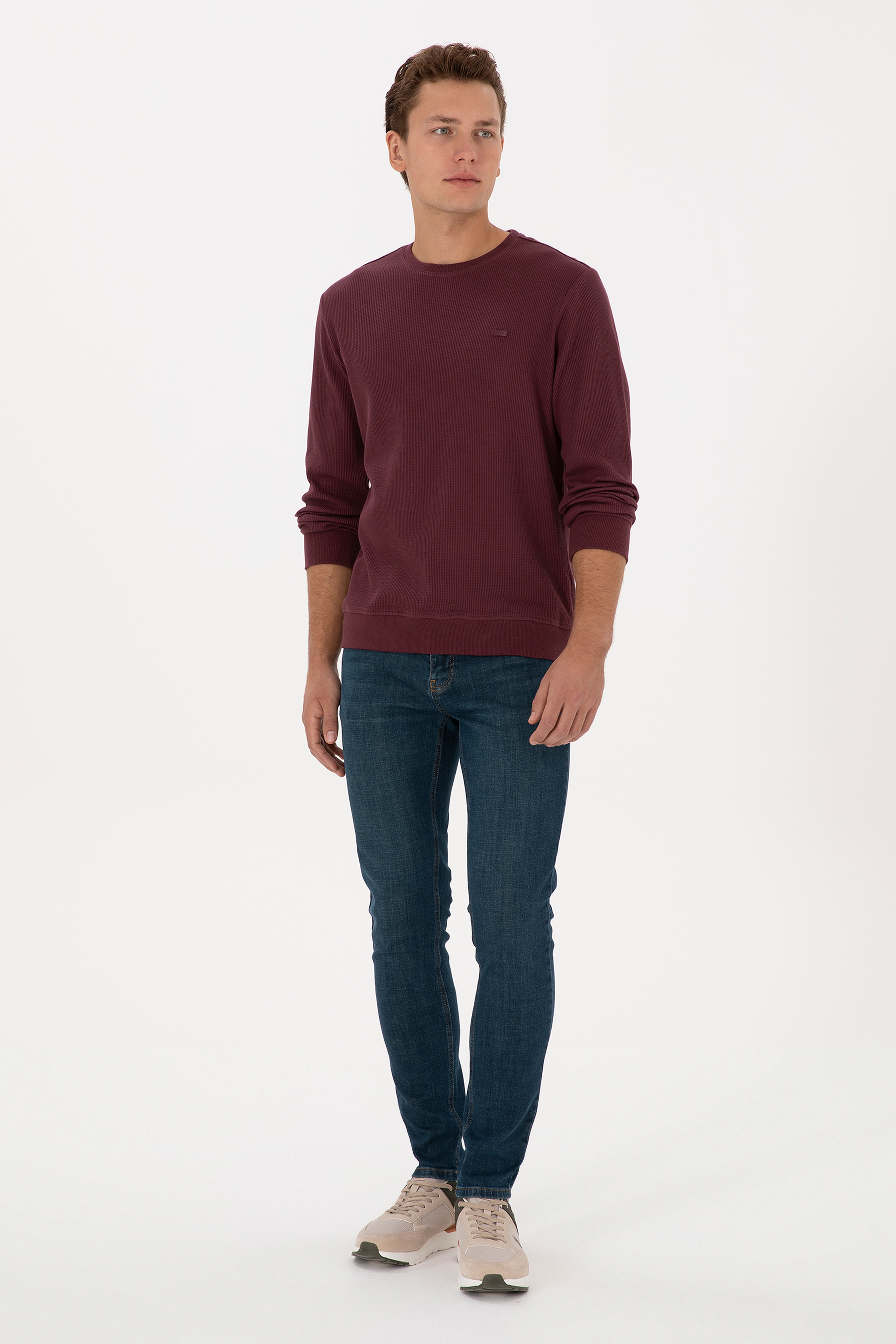 Erkek Regular Fit Bisiklet Yaka Bordo Sweatshirt - Image 4
