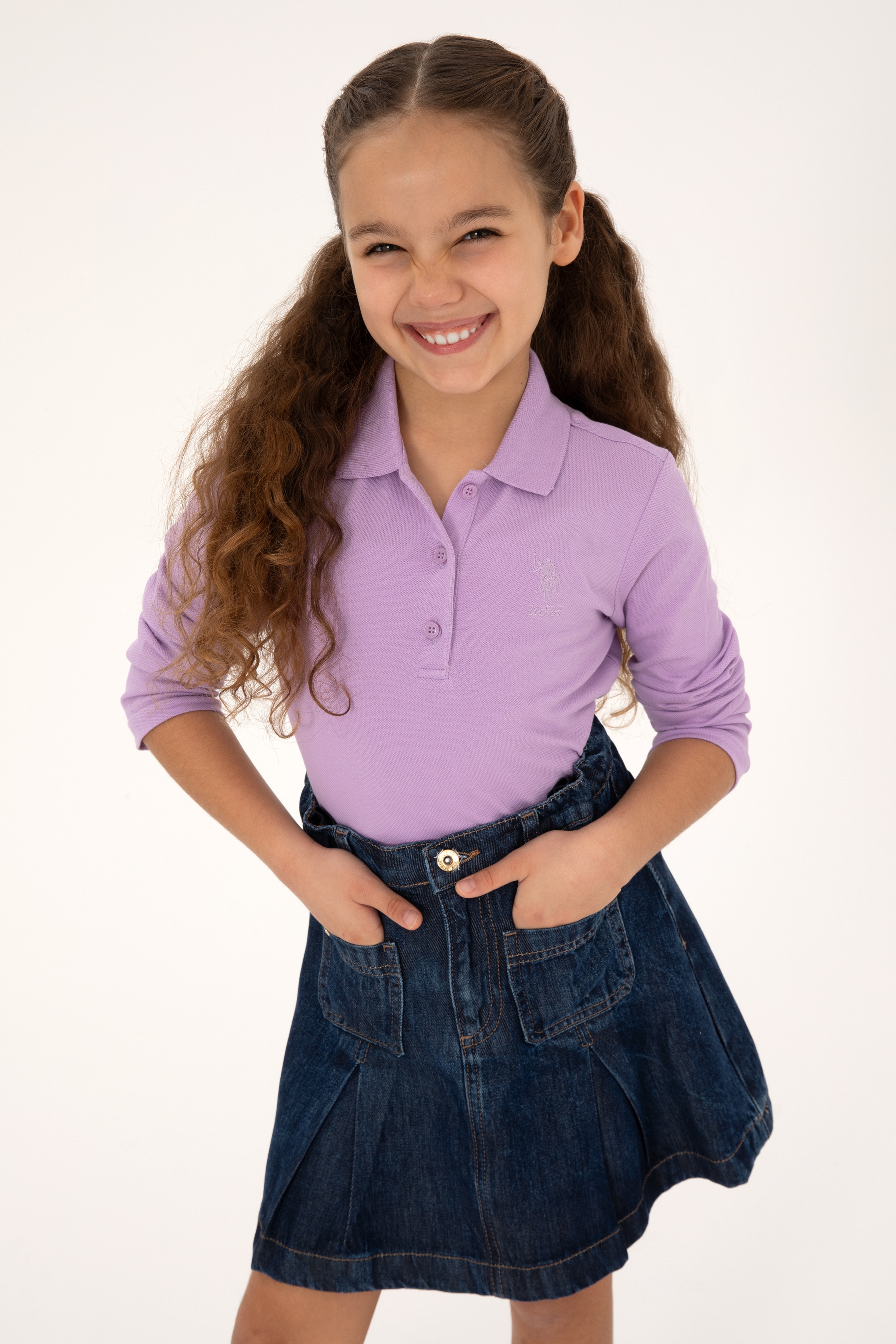 Kız Çocuk Lila Polo Yaka Basic Sweatshirt - Image 1