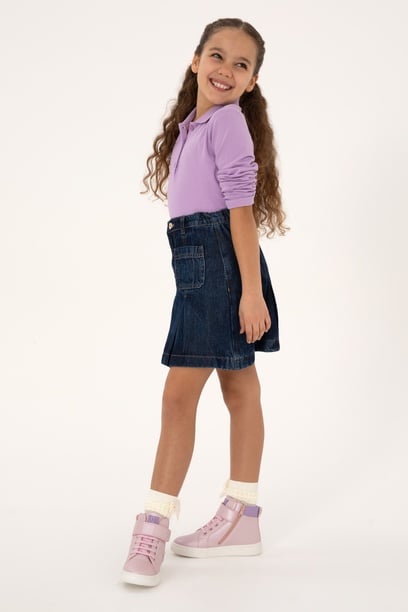 Kız Çocuk Lila Polo Yaka Basic Sweatshirt