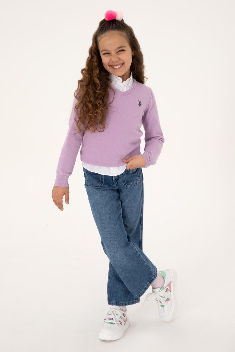 Kız Çocuk Lila V Yaka Basic Kazak - 50316777031