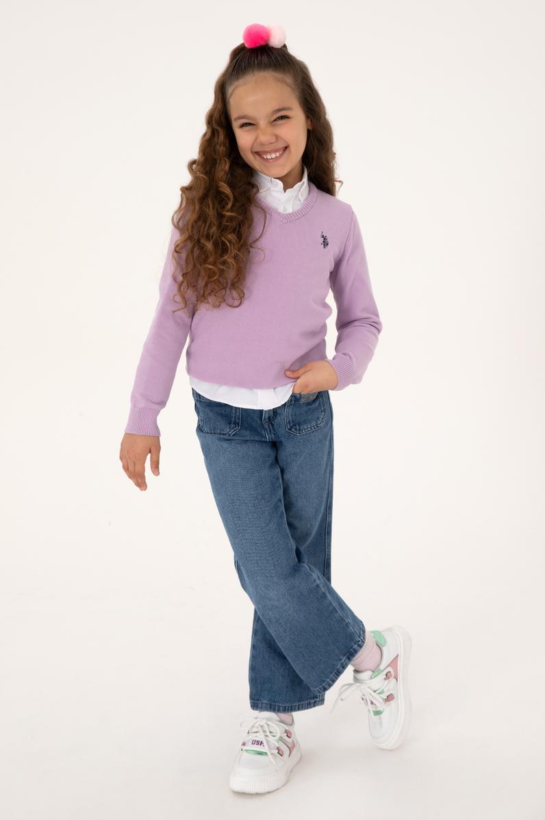 Kız Çocuk Lila V Yaka Basic Kazak