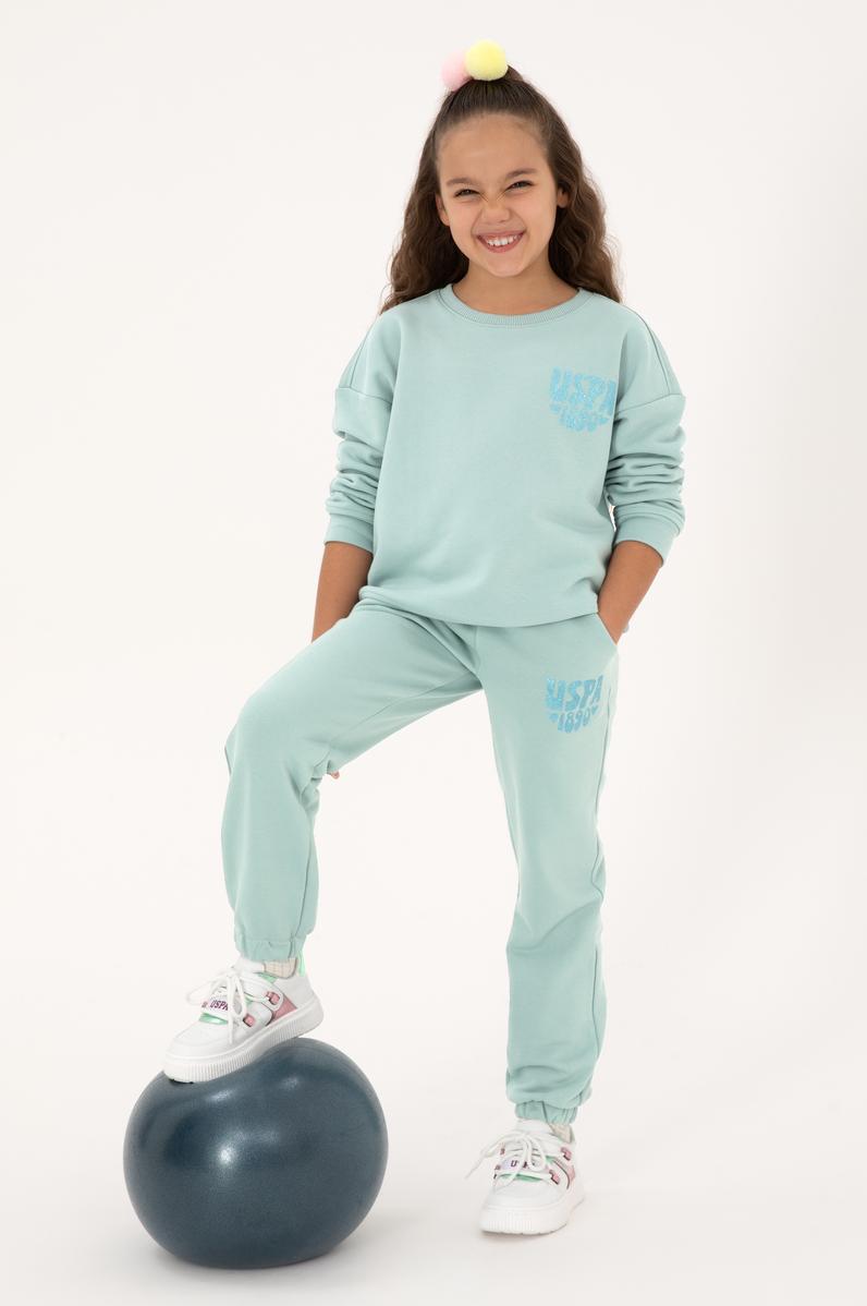 Kız Çocuk Mint Simli Baskı Detaylı Jogger Eşofman Altı