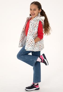 Kız Çocuk Krem Kalp Desenli Kapüşonlu Şişme Yelek - 50313176005