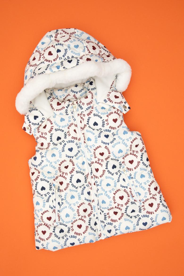 Kız Çocuk Krem Kalp Desenli Kapüşonlu Şişme Yelek - 50313176005