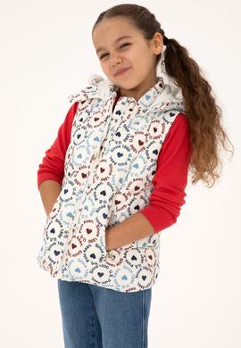 Kız Çocuk Krem Kalp Desenli Kapüşonlu Şişme Yelek - 50313176005