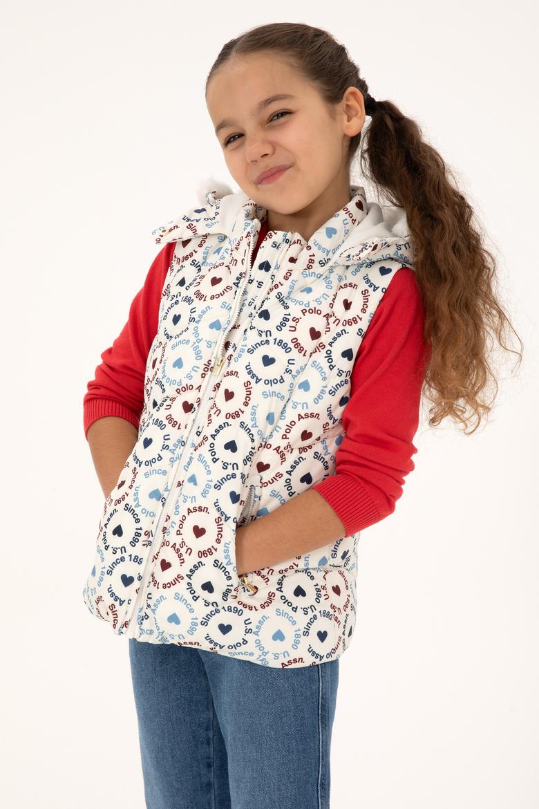 Kız Çocuk Krem Kalp Desenli Kapüşonlu Şişme Yelek