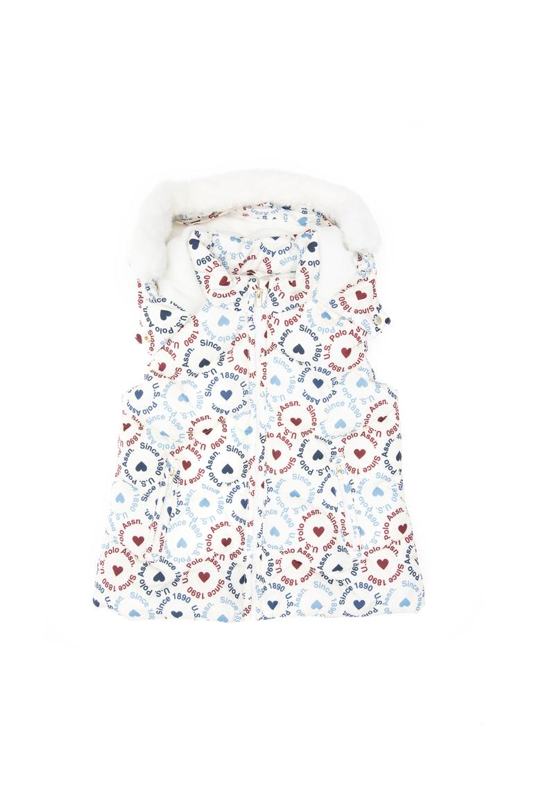 Kız Çocuk Krem Kalp Desenli Kapüşonlu Şişme Yelek - 50313176005