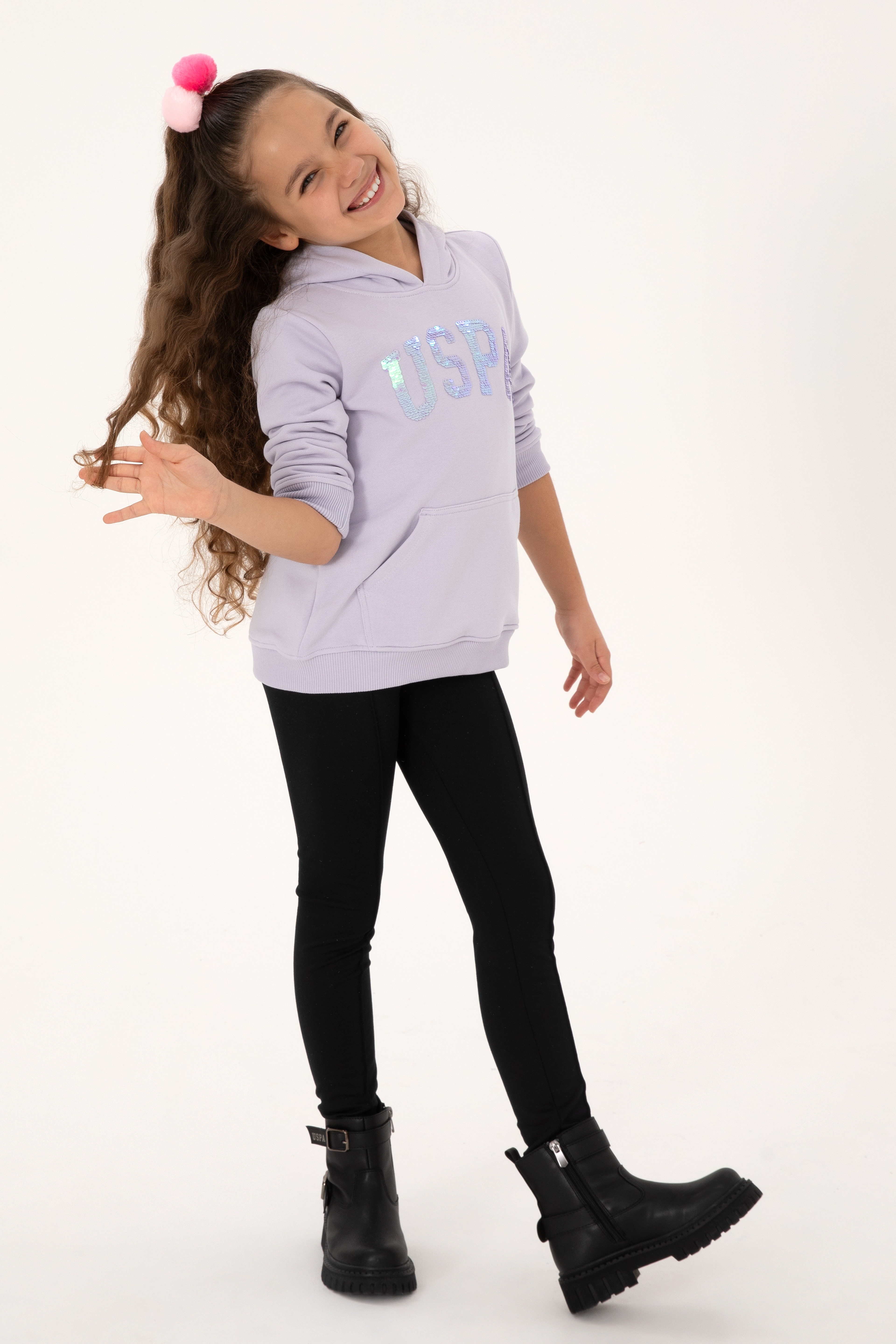 Kız Çocuk Lila Payet İşlemeli Kapüşonlu Basic Sweatshirt - Image 2