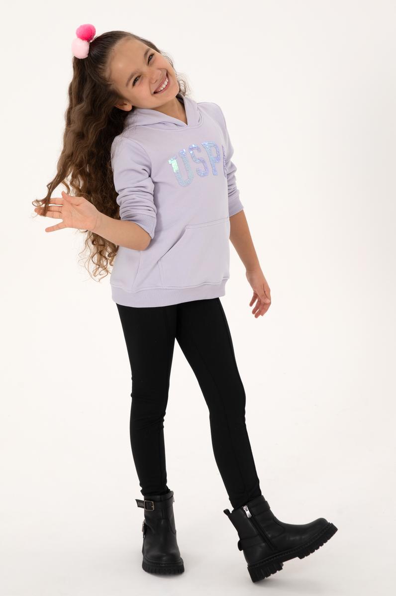 Kız Çocuk Lila Payet İşlemeli Kapüşonlu Basic Sweatshirt