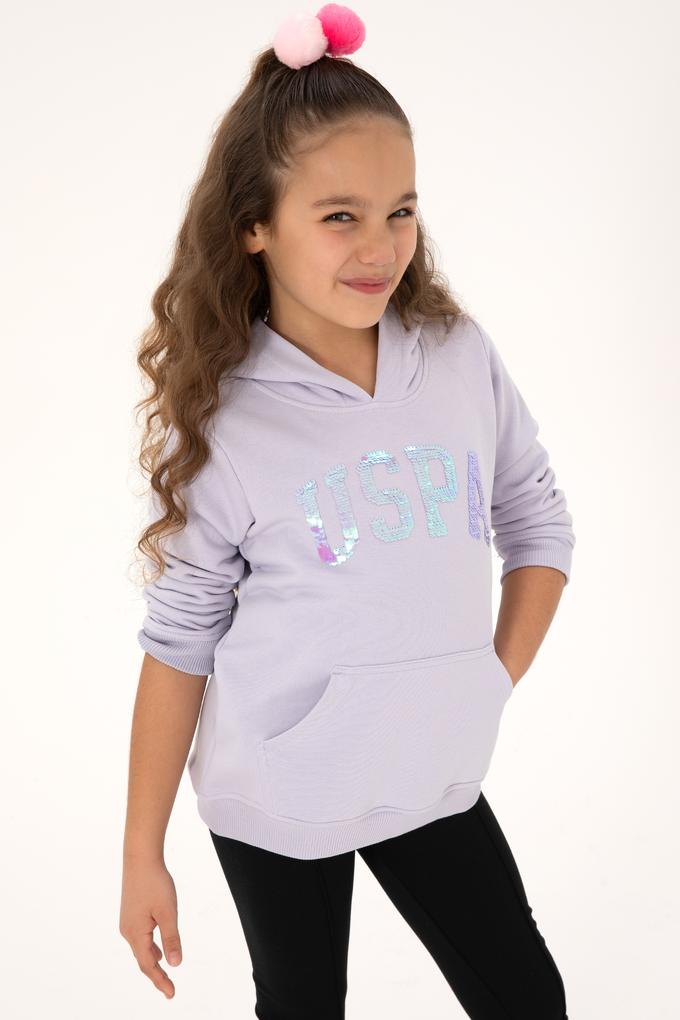 Kız Çocuk Lila Payet İşlemeli Kapüşonlu Basic Sweatshirt