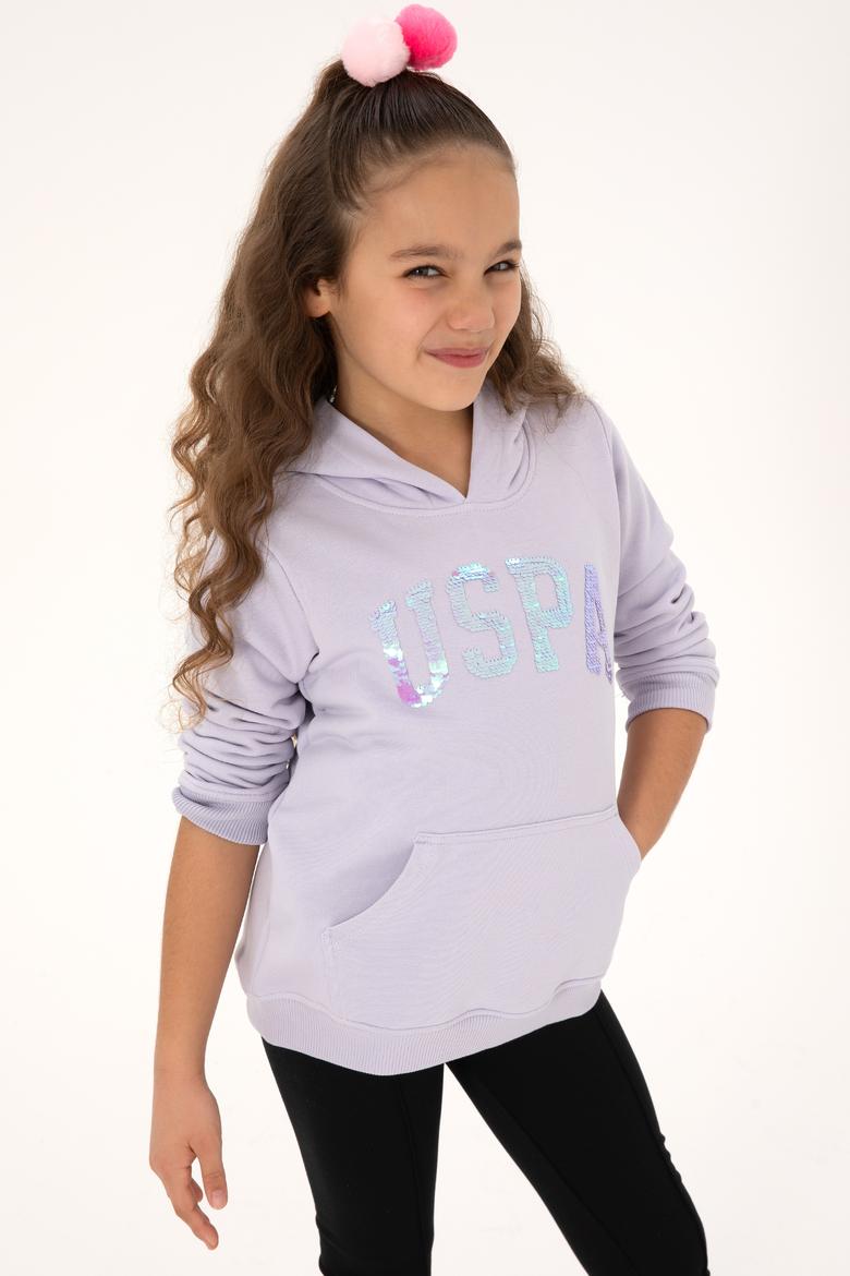 Kız Çocuk Lila Payet İşlemeli Kapüşonlu Basic Sweatshirt