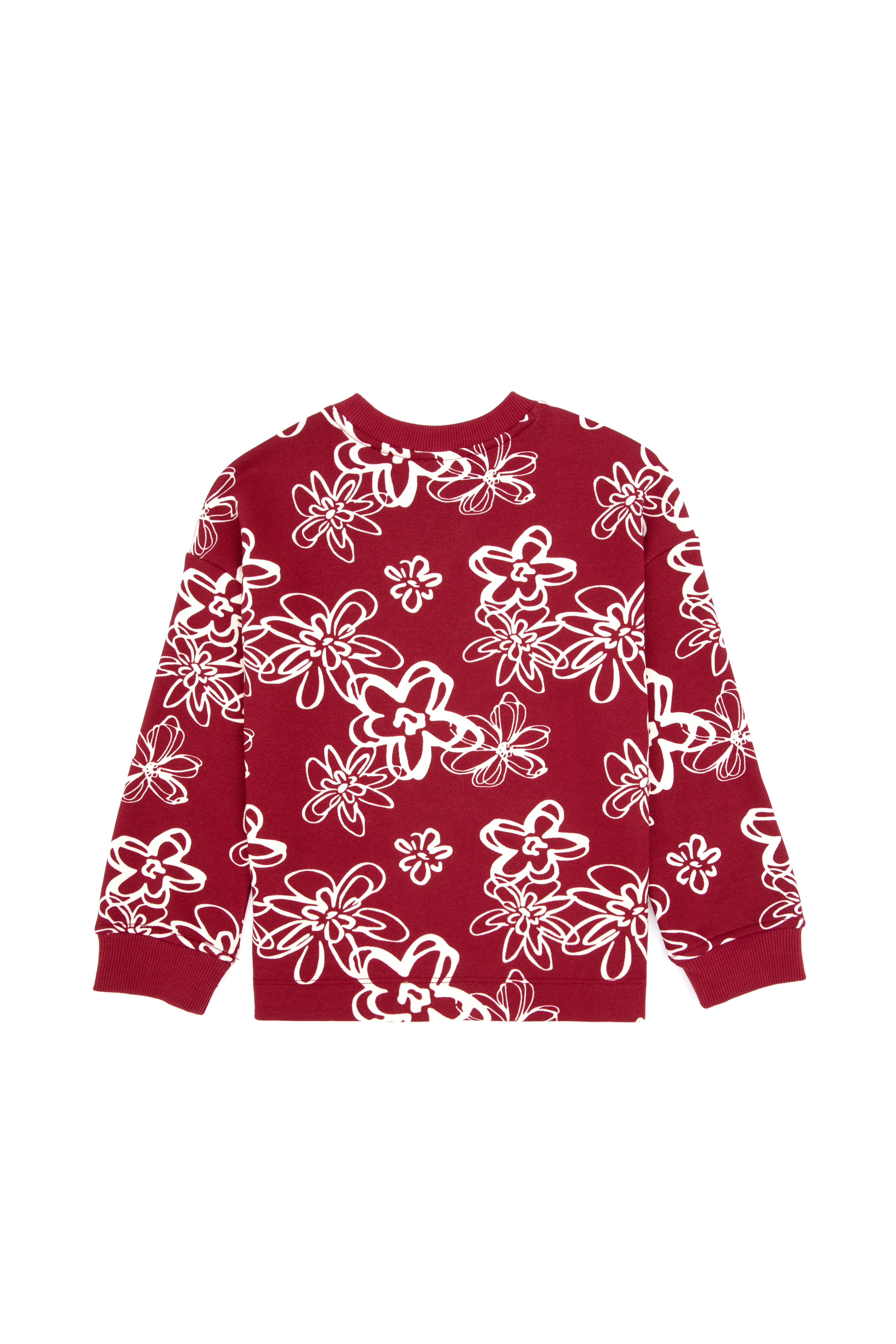 Kız Çocuk Koyu Frambuaz Çiçek Desenli Bisiklet Yaka Sweatshirt
