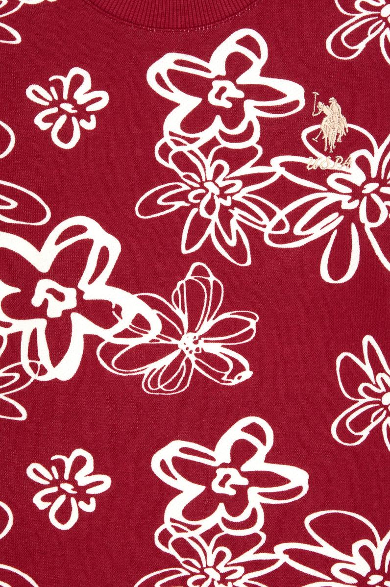 Kız Çocuk Koyu Frambuaz Çiçek Desenli Bisiklet Yaka Sweatshirt