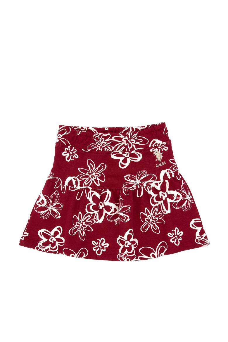 Kız Çocuk Koyu Frambuaz Çiçek Desenli Örme Etek - 50317971017