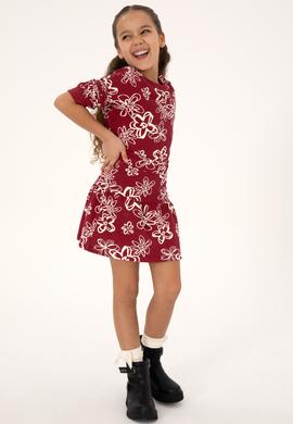 Kız Çocuk Koyu Frambuaz Çiçek Desenli Örme Etek - 50317971017