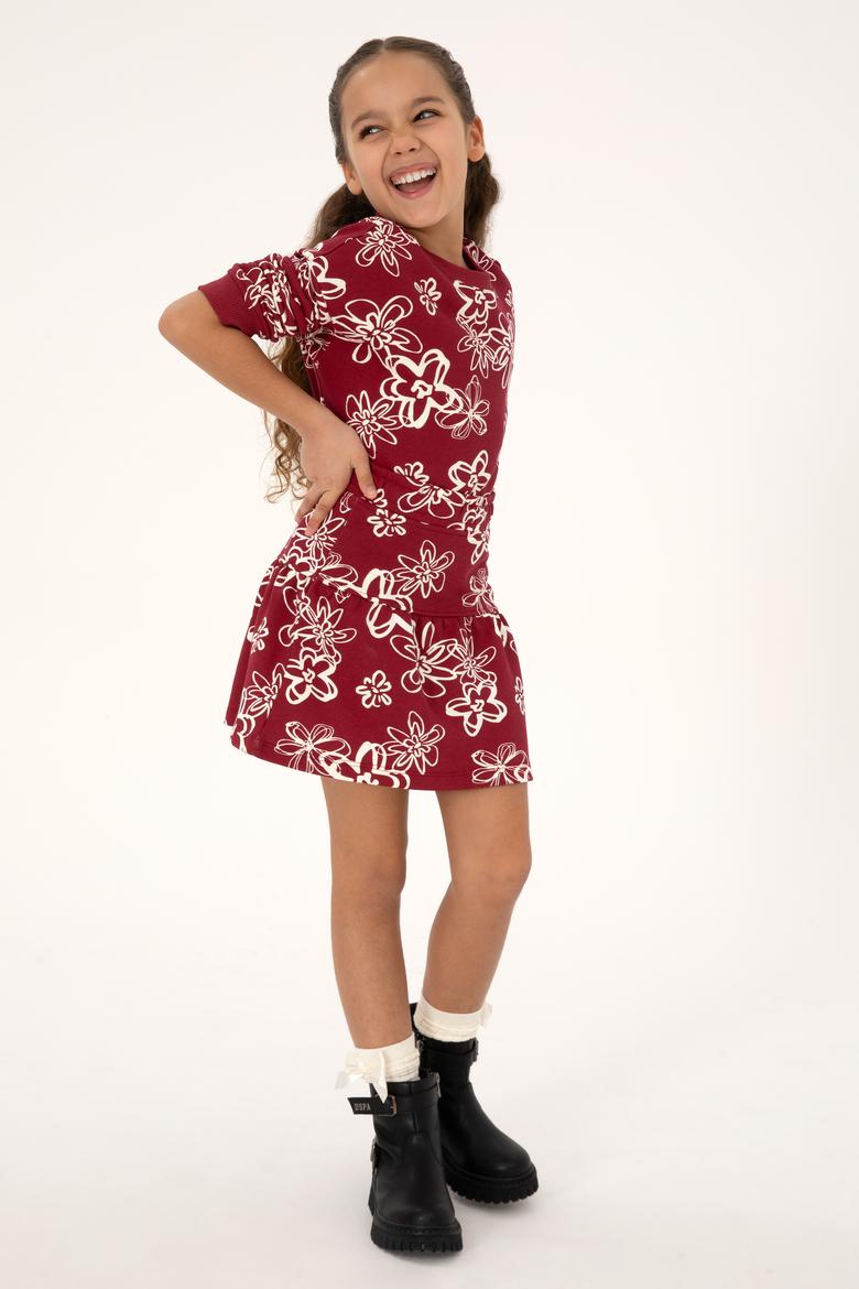 Kız Çocuk Koyu Frambuaz Çiçek Desenli Örme Etek - 50317971017
