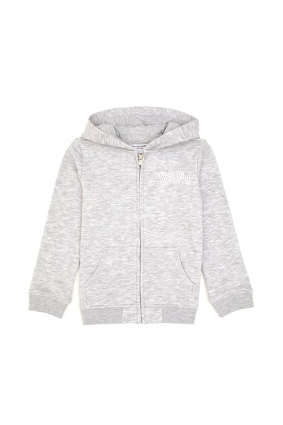 Kız Çocuk Açık Gri Melanj Kapüşonlu Fermuarlı Basic Sweatshirt