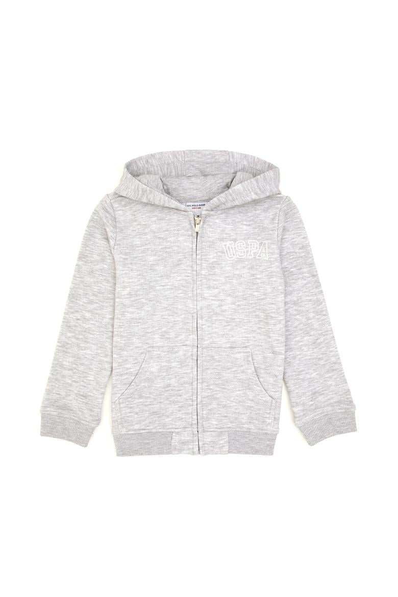 Kız Çocuk Açık Gri Melanj Kapüşonlu Fermuarlı Basic Sweatshirt - 50316837060