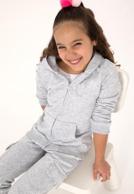 Kız Çocuk Açık Gri Melanj Kapüşonlu Fermuarlı Basic Sweatshirt - 50316837060