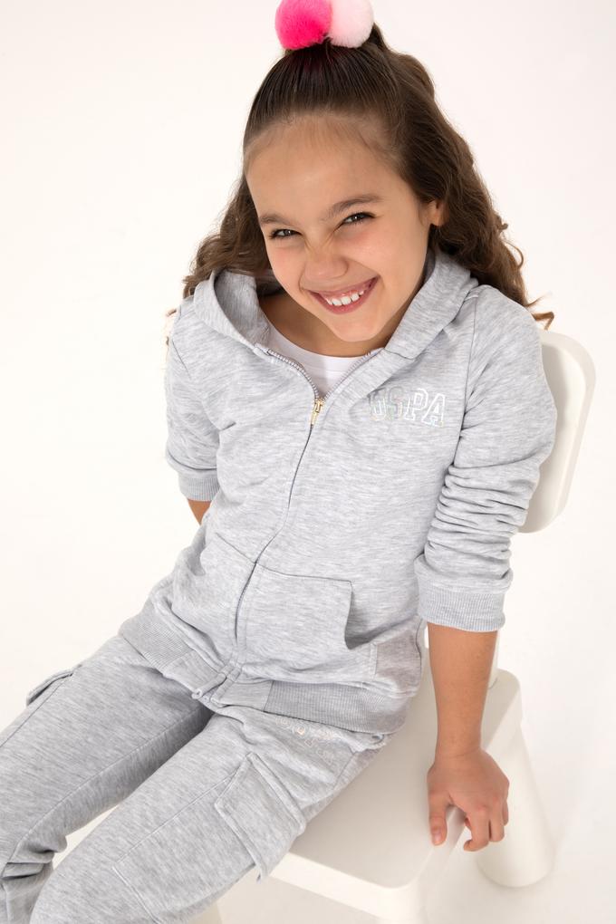 Kız Çocuk Açık Gri Melanj Kapüşonlu Fermuarlı Basic Sweatshirt