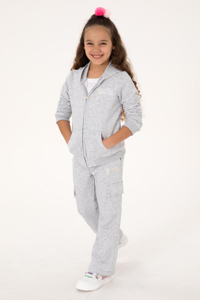 Kız Çocuk Açık Gri Melanj Cep Detaylı Parlak Baskılı Eşofman Altı