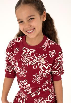 Kız Çocuk Koyu Frambuaz Çiçek Desenli Bisiklet Yaka Sweatshirt - 50317957003