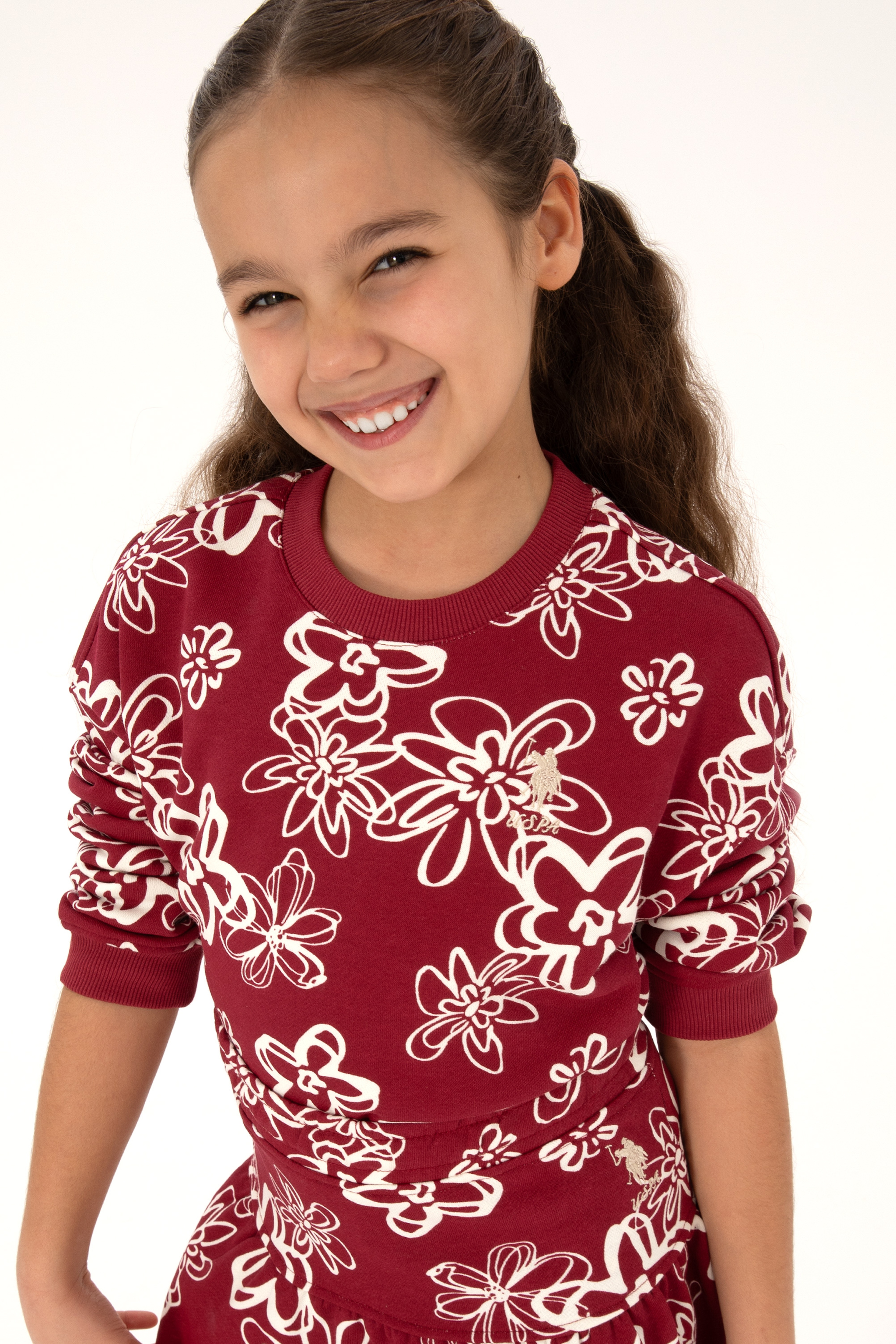 Kız Çocuk Koyu Frambuaz Çiçek Desenli Bisiklet Yaka Sweatshirt - Image 1