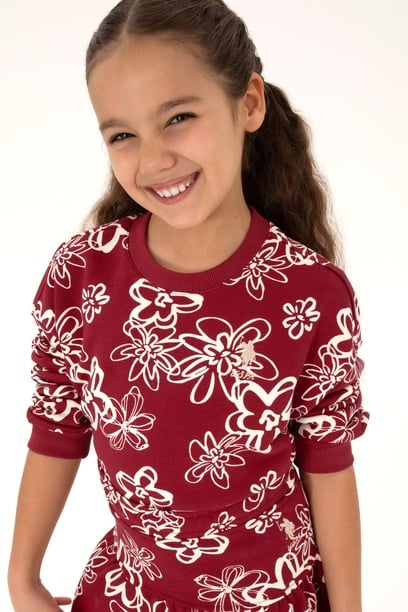 Kız Çocuk Koyu Frambuaz Çiçek Desenli Bisiklet Yaka Sweatshirt