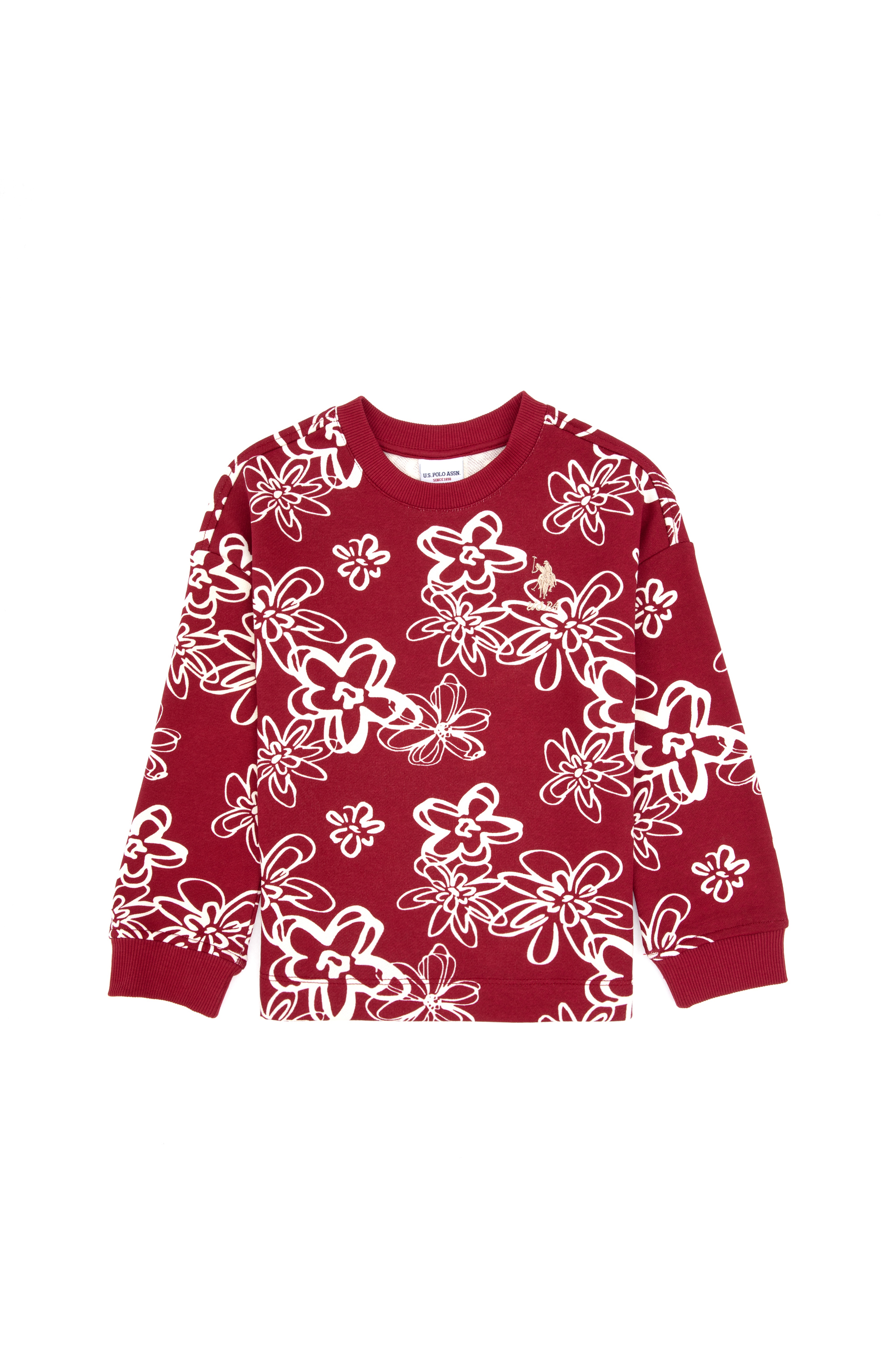 Kız Çocuk Koyu Frambuaz Çiçek Desenli Bisiklet Yaka Sweatshirt - Image 3