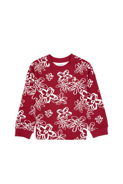 Kız Çocuk Koyu Frambuaz Çiçek Desenli Bisiklet Yaka Sweatshirt