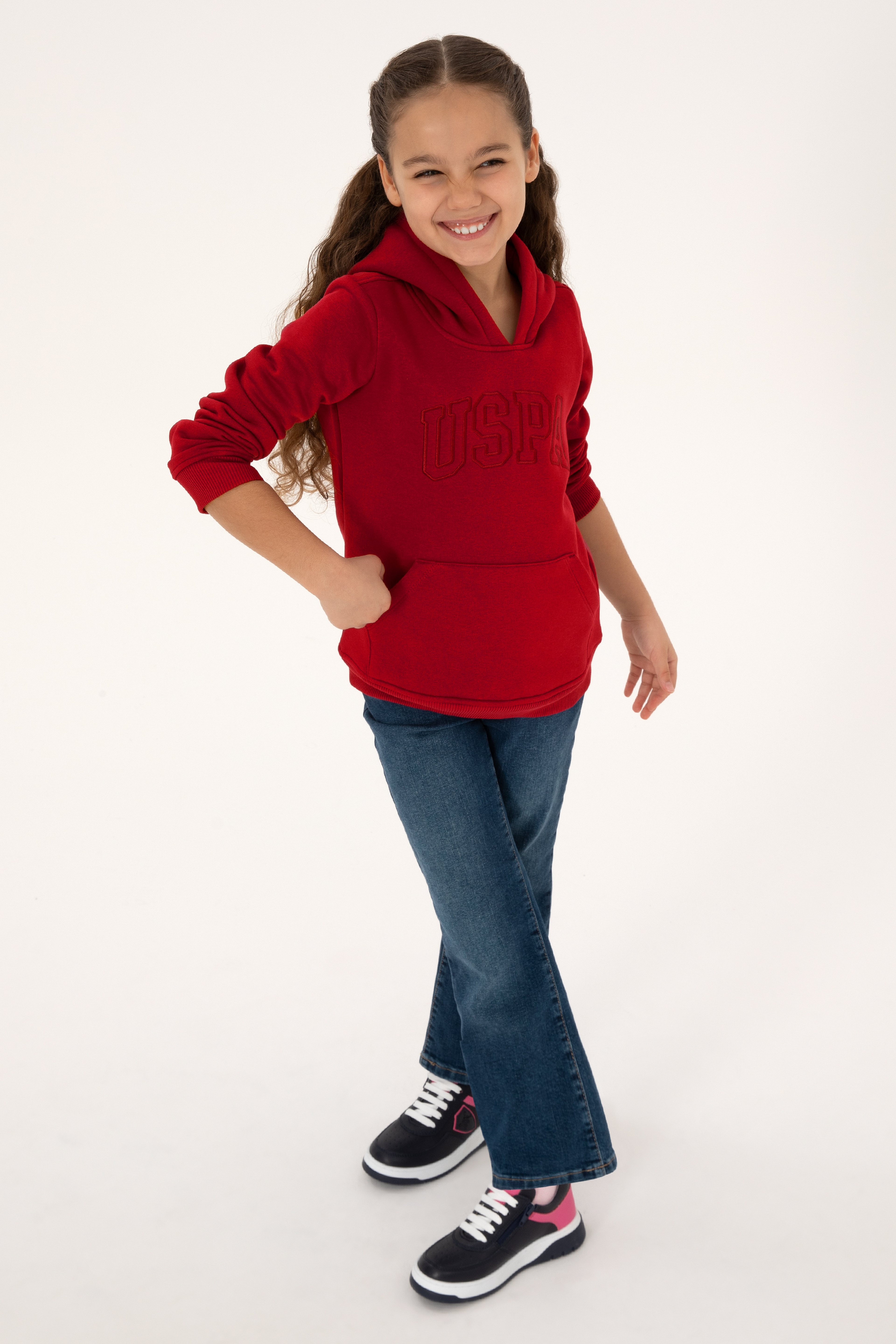 Kız Çocuk Koyu Frambuaz Kapüşonlu Şardonlu Basic Sweatshirt