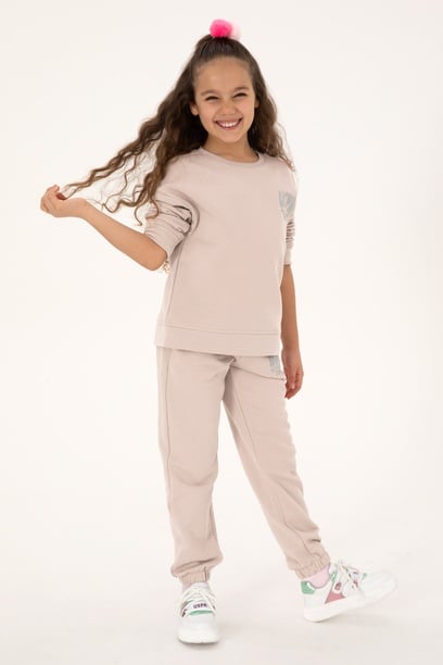 Kız Çocuk Taş Simli Baskı Detaylı Bisiklet Yaka Basic Sweatshirt