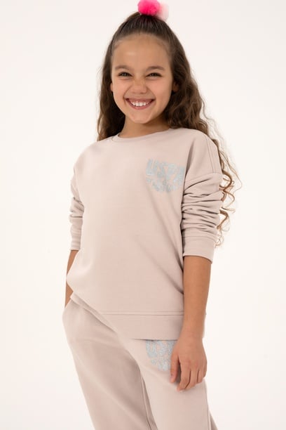Kız Çocuk Taş Simli Baskı Detaylı Bisiklet Yaka Basic Sweatshirt