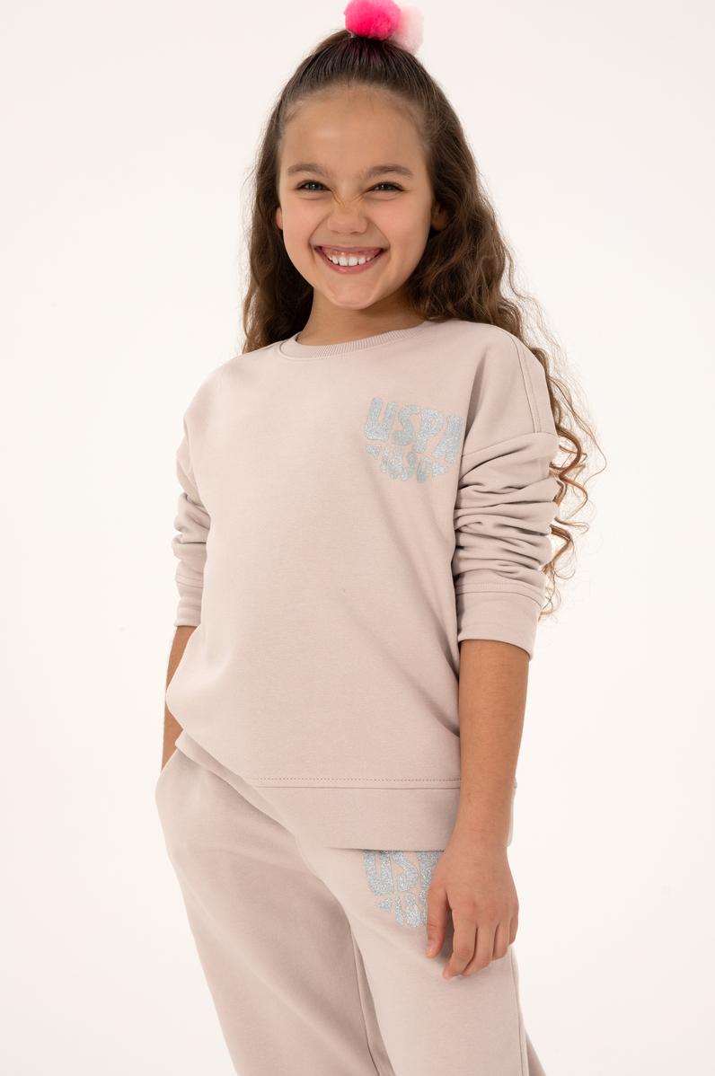 Kız Çocuk Taş Simli Baskı Detaylı Bisiklet Yaka Basic Sweatshirt