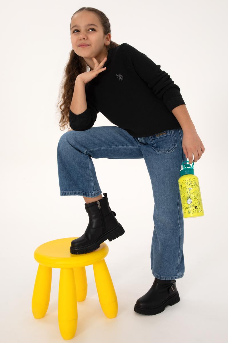 Kız Çocuk Siyah Bisiklet Yaka Basic Kazak