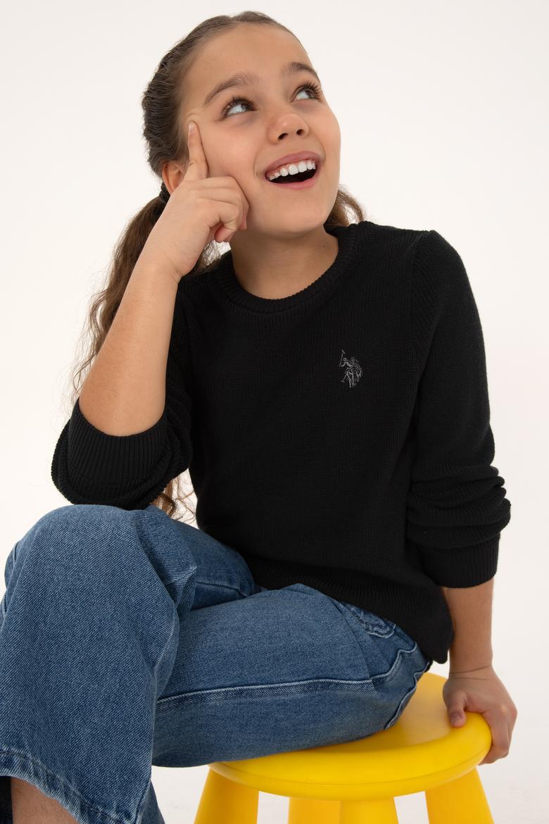 Kız Çocuk Siyah Bisiklet Yaka Basic Kazak